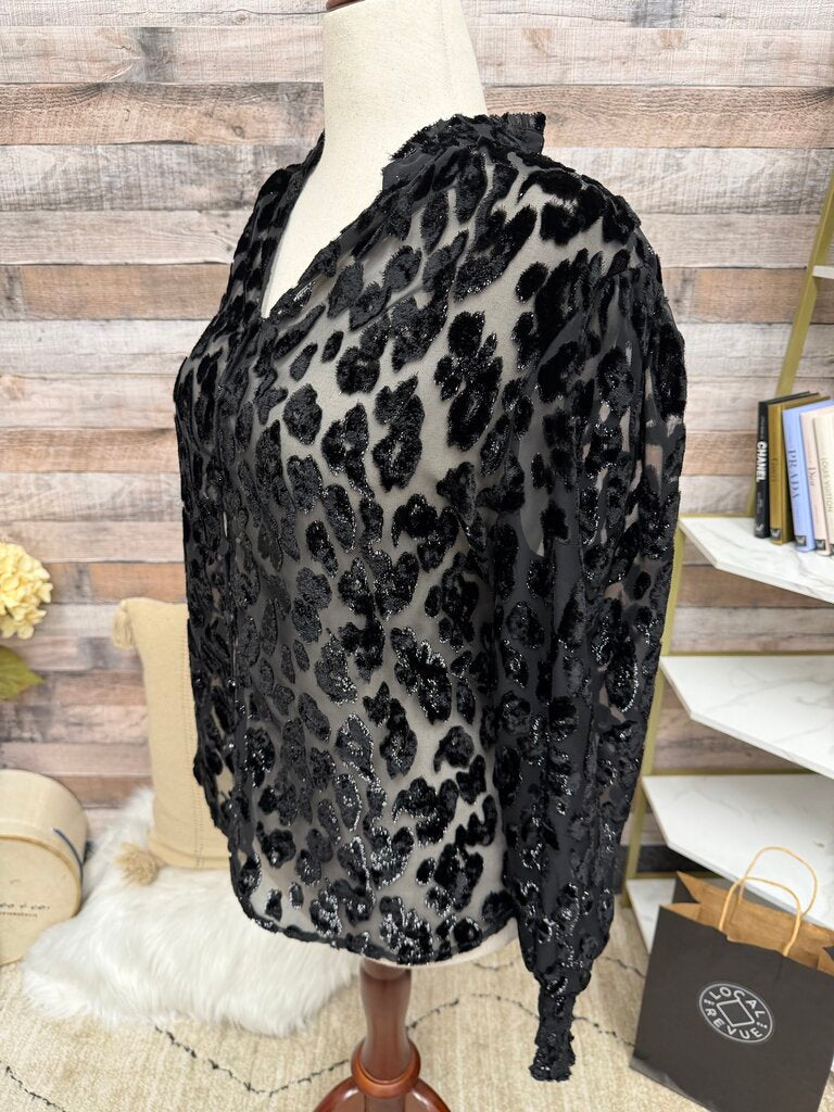 Chico's Black Burnout Velvet Blouse W/ Sequin Embellishment
