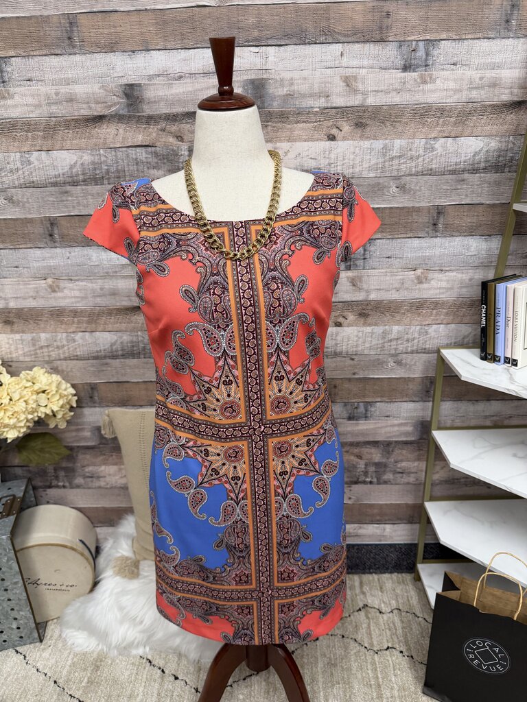 Vince Camuto orange/blue mandala design sleeveless dress