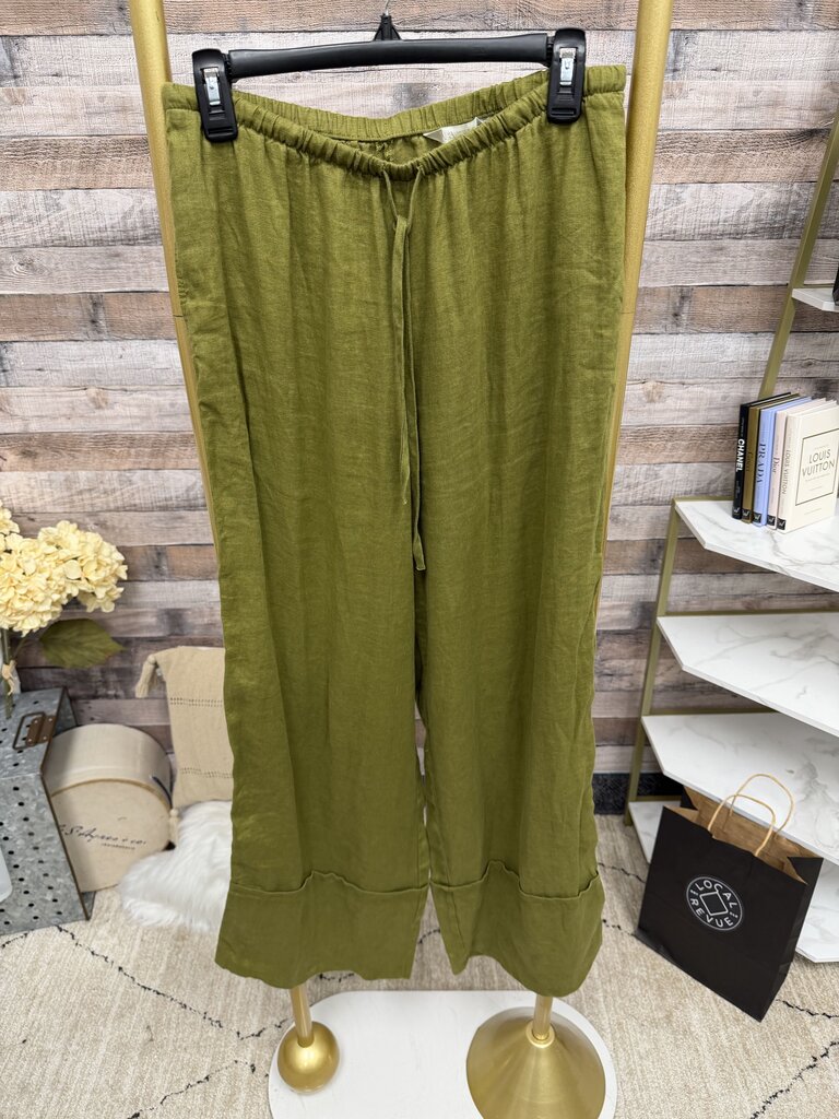 Zara linen blend green wide leg drawstring waist pant