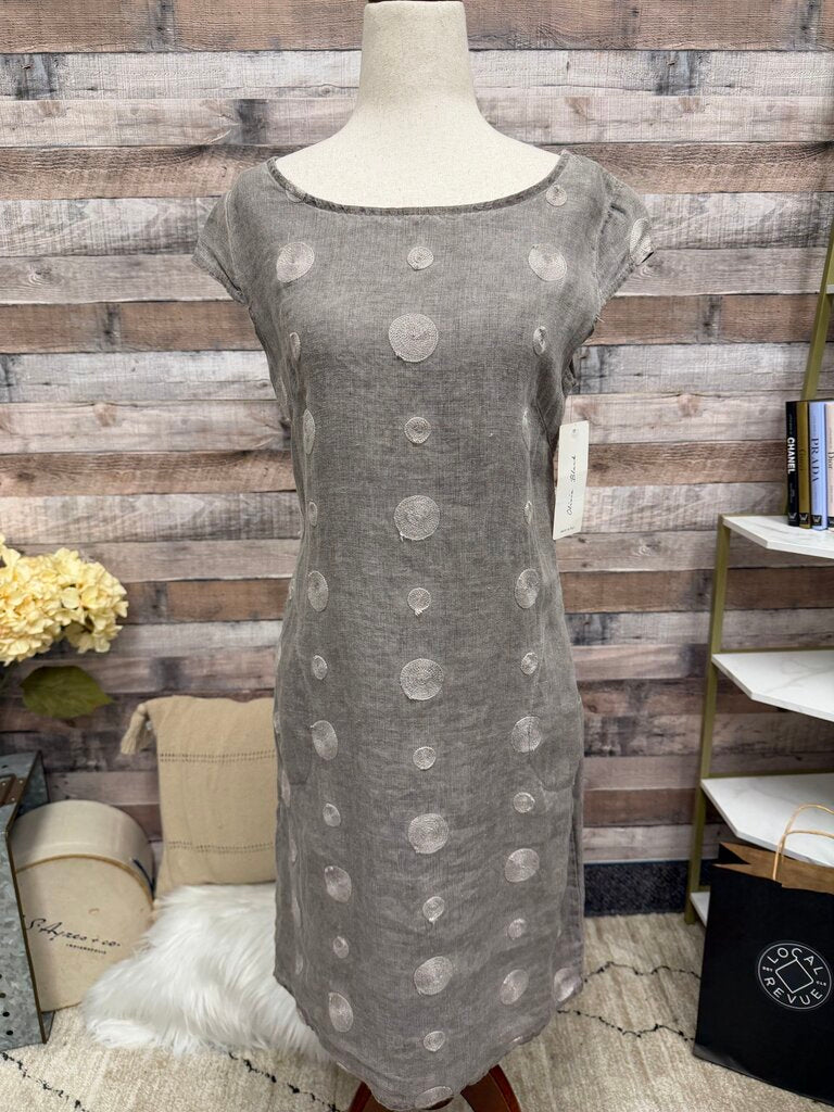 Olivia Black NWT 100% linen taupe embroidered dot dress