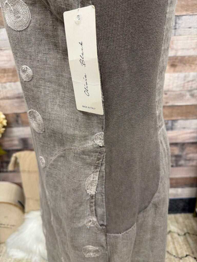 Olivia Black NWT 100% linen taupe embroidered dot dress
