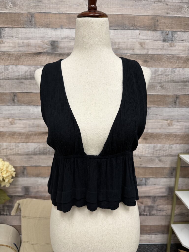 Free People black v neck crop top w/ wood bead ties