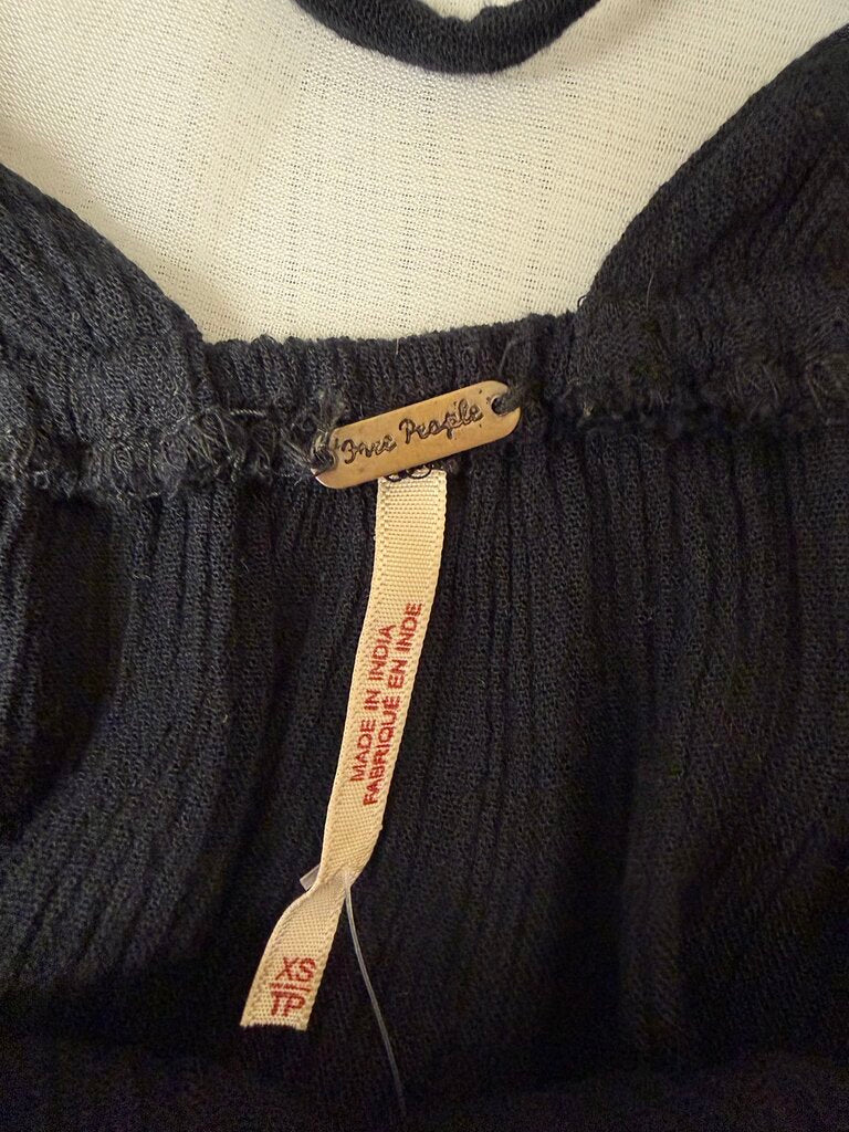 Free People black v neck crop top w/ wood bead ties