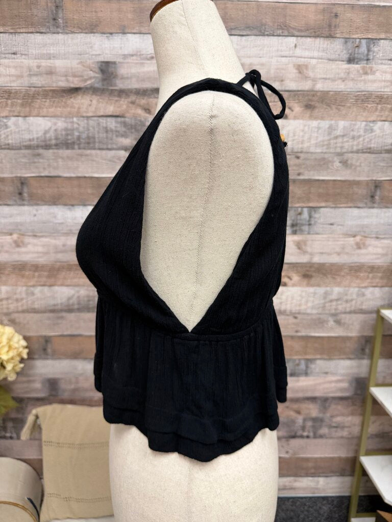 Free People black v neck crop top w/ wood bead ties