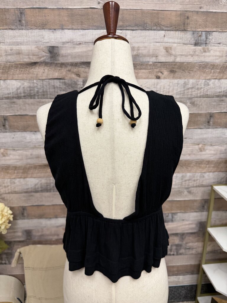 Free People black v neck crop top w/ wood bead ties