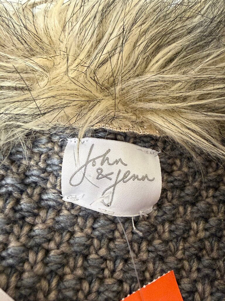 John&Jenn Gray/Brown Knit Cardigan Sweater W/ Faux Fur Collar