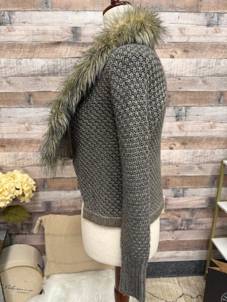John&Jenn Gray/Brown Knit Cardigan Sweater W/ Faux Fur Collar