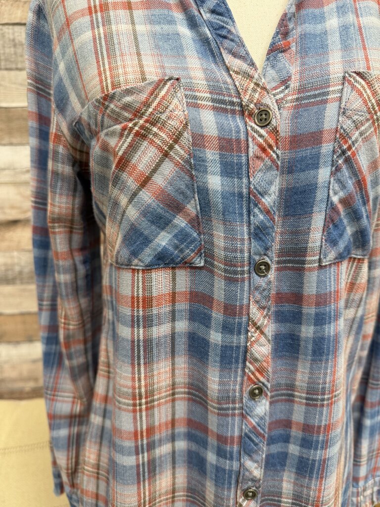 Cloth & Stone Blue/Red Plaid Cotton Frayed Hem Dress