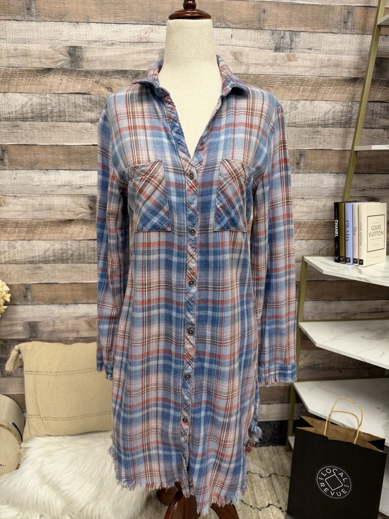 Cloth & Stone Blue/Red Plaid Cotton Frayed Hem Dress