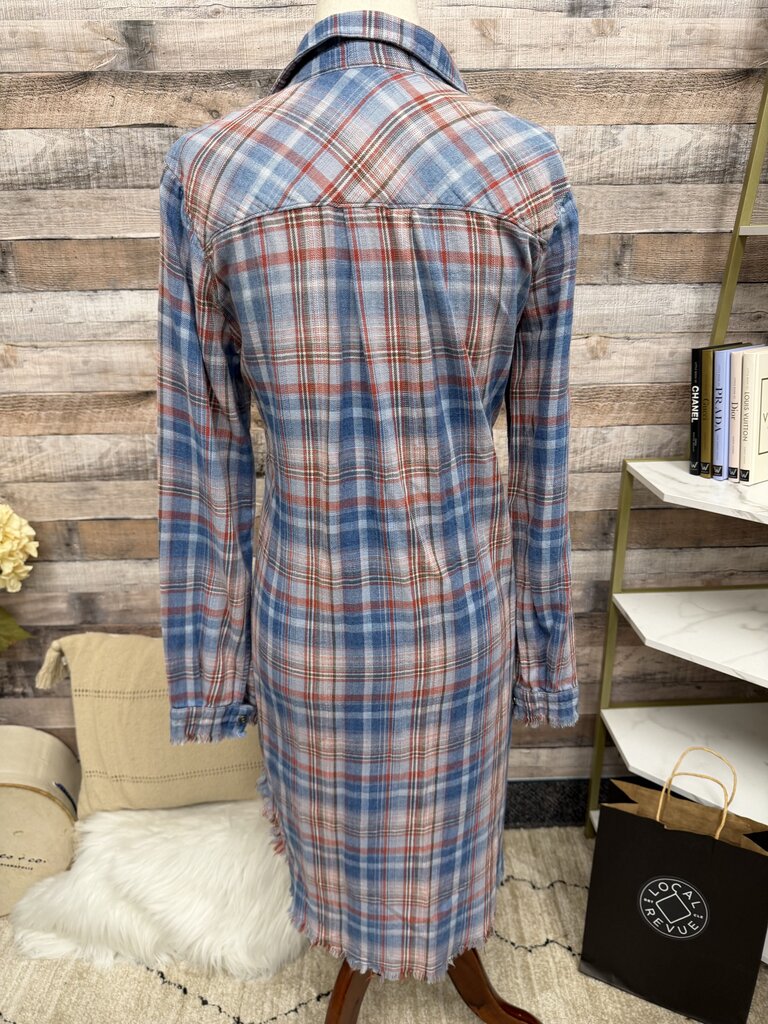 Cloth & Stone Blue/Red Plaid Cotton Frayed Hem Dress