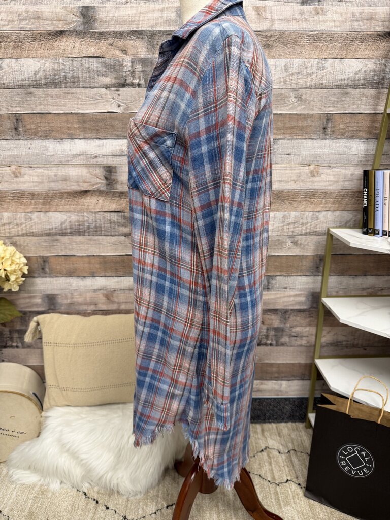 Cloth & Stone Blue/Red Plaid Cotton Frayed Hem Dress