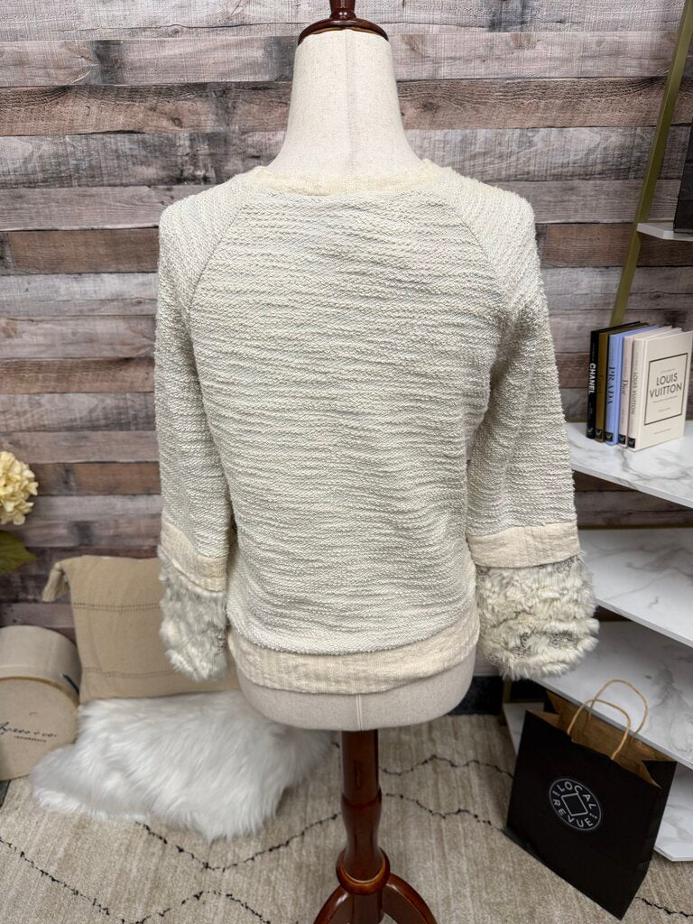 Amadi by Anthro Cream Textured Sweater W/ Faux Fur