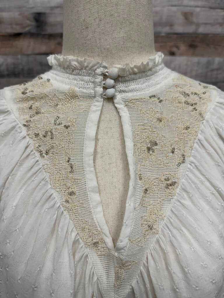 Anthropologie Cream Cotton And Lace Embroidered Blouse