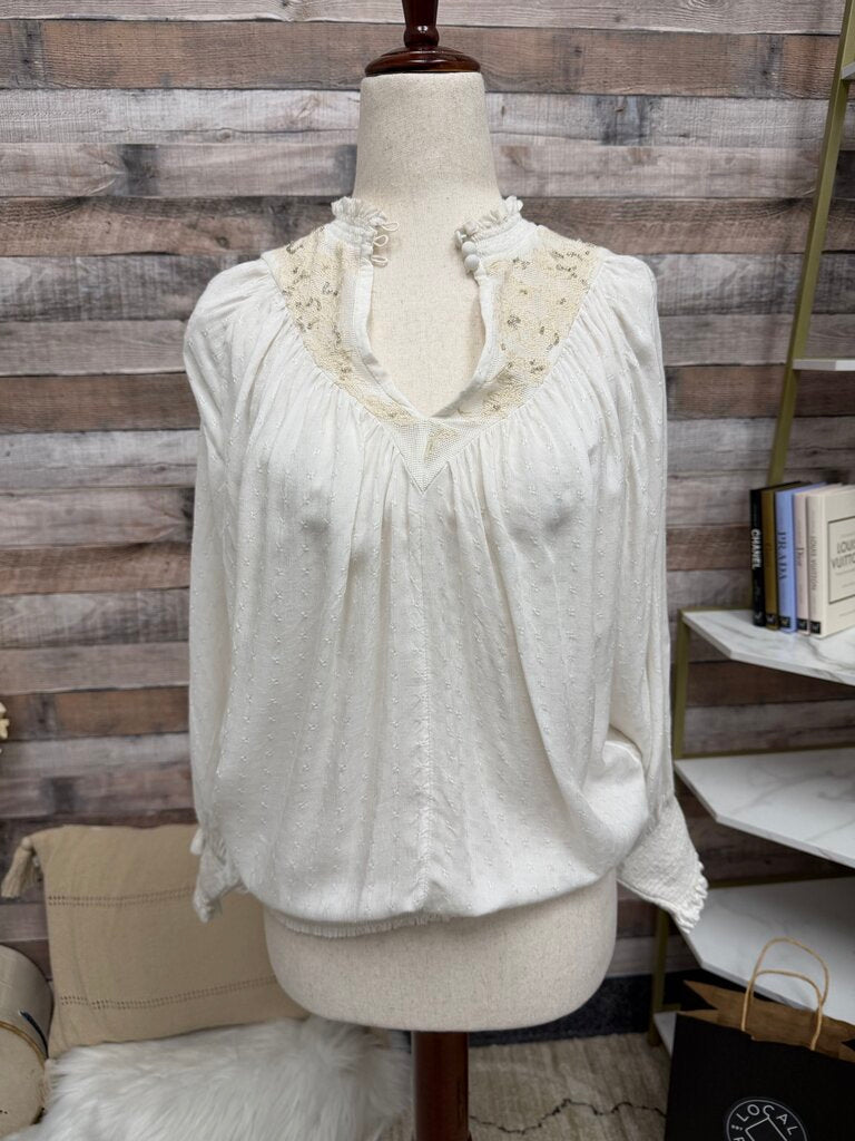Anthropologie Cream Cotton And Lace Embroidered Blouse