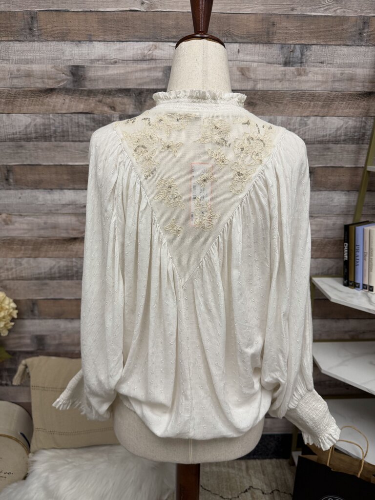 Anthropologie Cream Cotton And Lace Embroidered Blouse