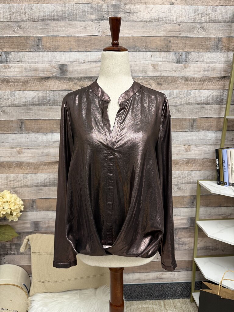 Current Air Metallic Brinze V Neck Long Sleeve Blouse