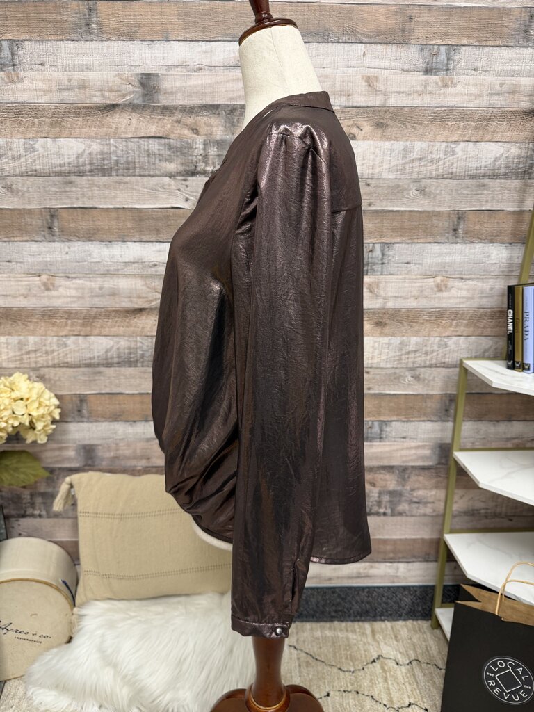 Current Air Metallic Brinze V Neck Long Sleeve Blouse