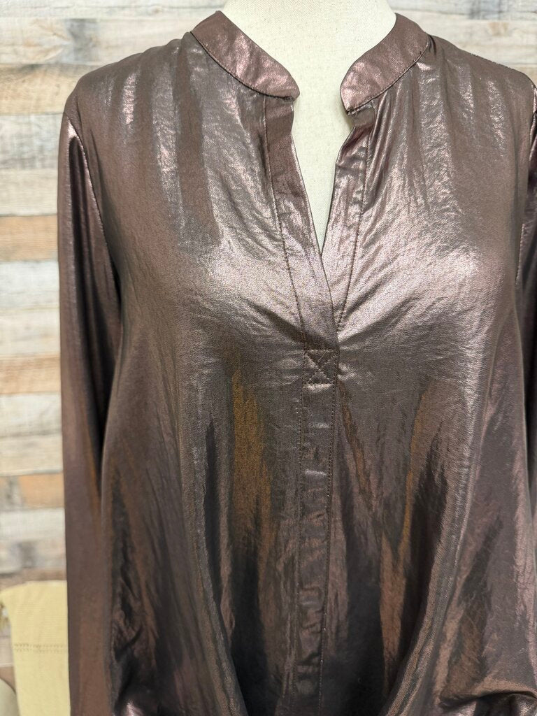 Current Air Metallic Brinze V Neck Long Sleeve Blouse