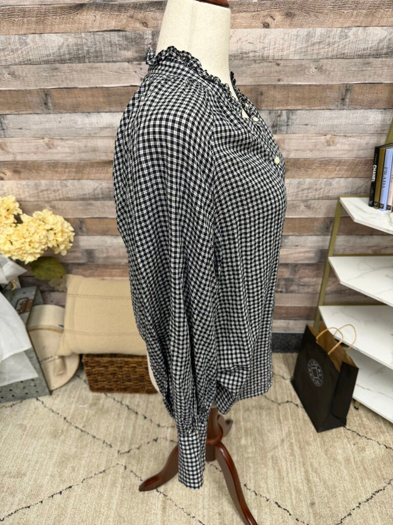 J Crew black/white gingham button up with ruffle collar J Crew Black/White 14 women BLOUSES