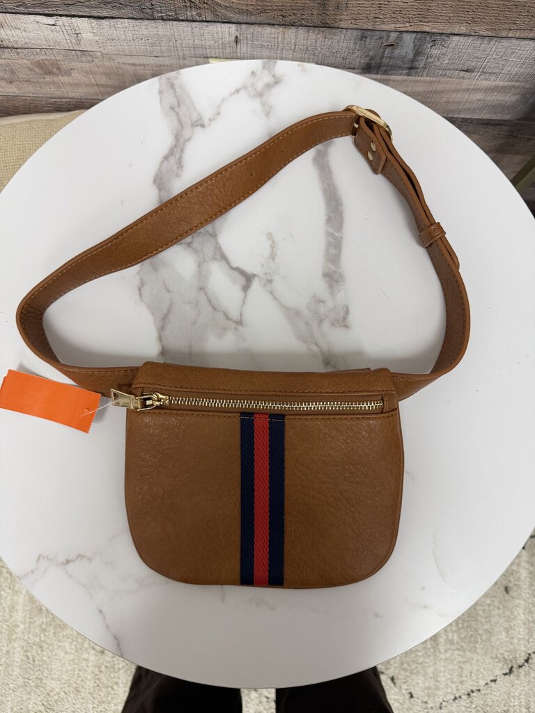 Moda Luxe brown leather w/ red blue stripe belt bag