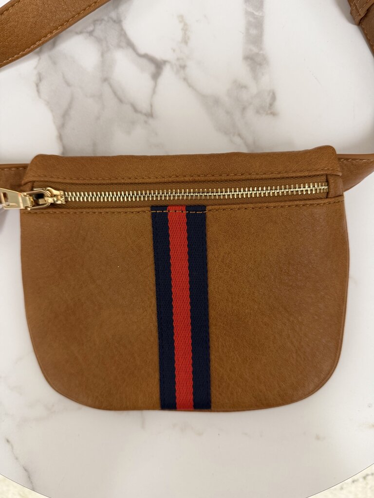 Moda Luxe brown leather w/ red blue stripe belt bag
