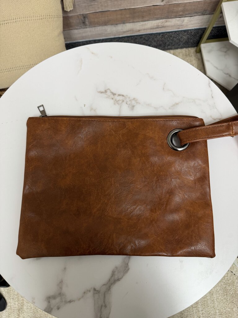 No Label brown leather oversized clutch w/ grommet detail no label brown OS women ACCESSORIES