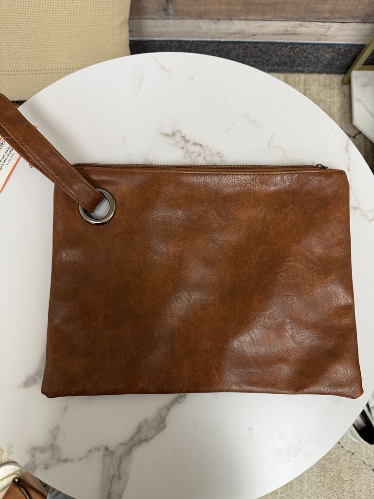 No Label brown leather oversized clutch w/ grommet detail no label brown OS women ACCESSORIES