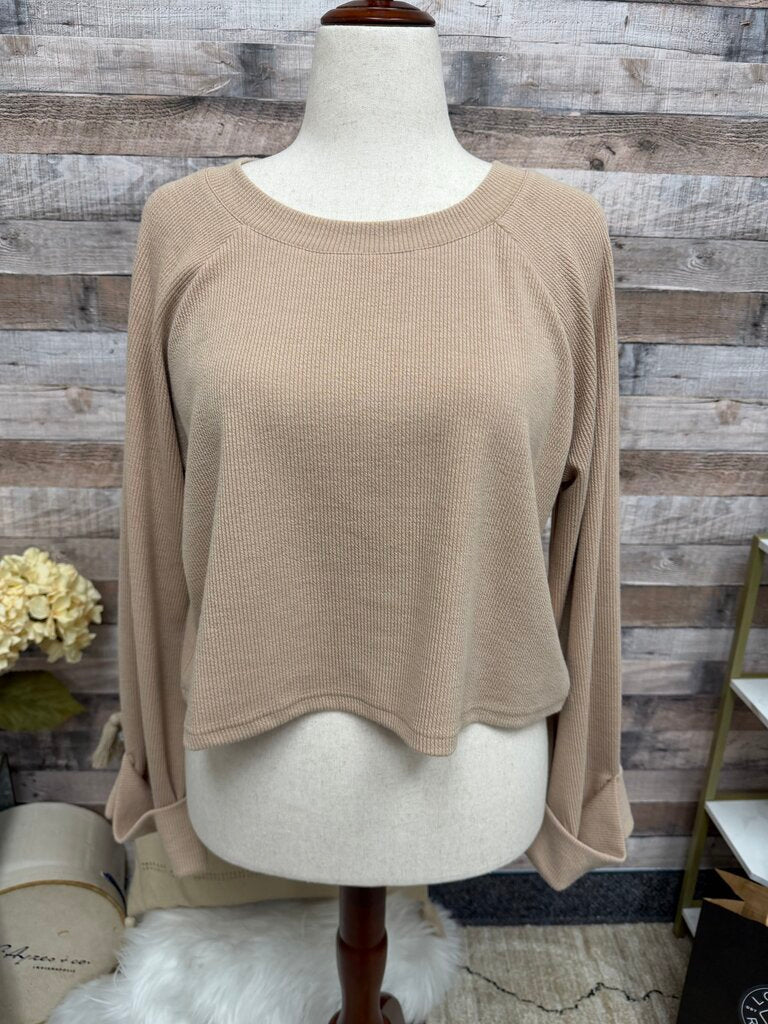 MINKPINK beige crop ribbed crewneck w/ cuffed sleeves MinkPink beige N/S women SWEATSHIRTS/HOODIES