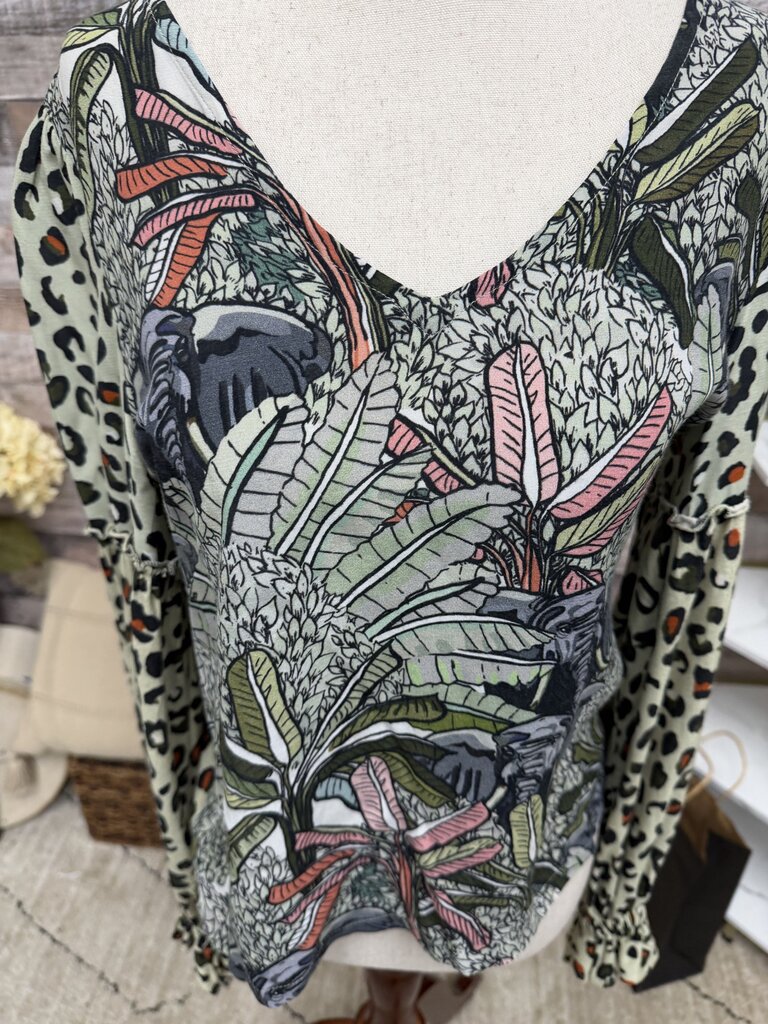 Bl-nk Leopard Sleeve V Neck Long Sleeve Shirt Bl-nk Multi XS women TOPS