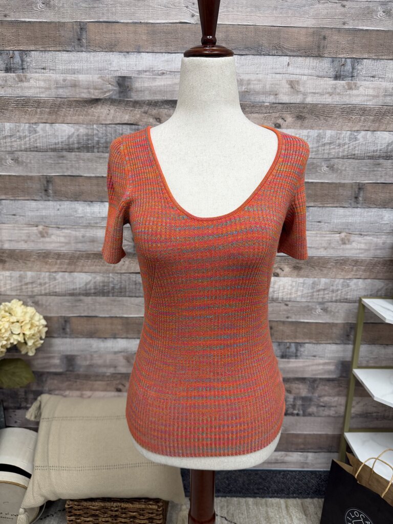 Moth Pink/Orange Scoop Neck Short Sleeve Shirt Moth Orange/Pink XS women TOPS