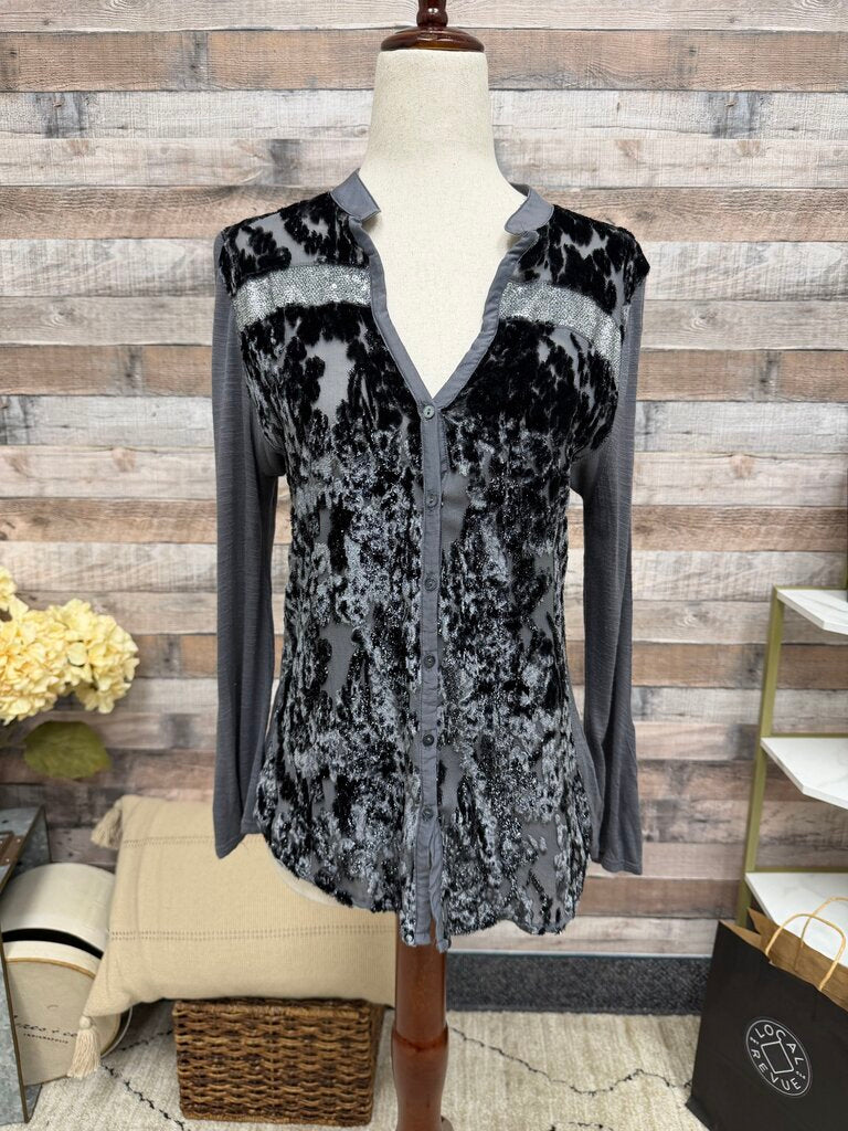 Tiny Gray Velvet Burnout Henley Top Tiny by Anthro Gray women TOPS
