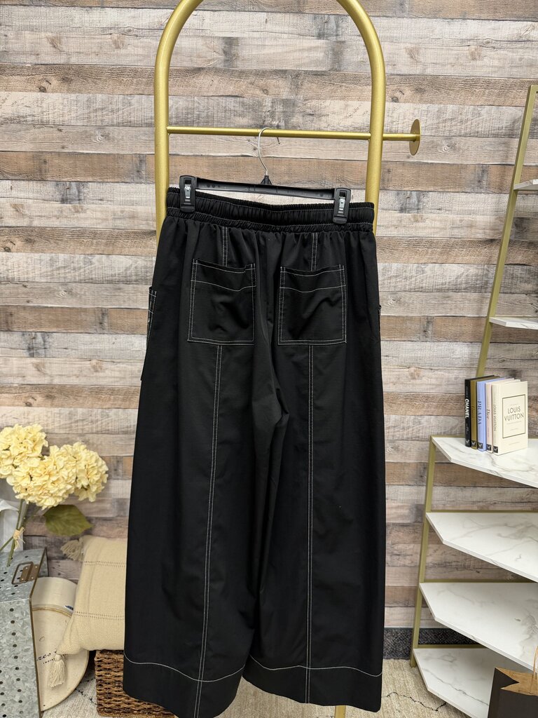 No Label Black W/ White Stitch Wide Leg Drawstring Pant no label Black Large women PANTS