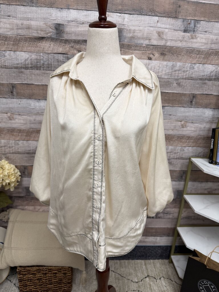 GiGiO Cream Satin W/ Gray Stitching Button Down Blouse GiGiO Milano Cream Small women TOPS