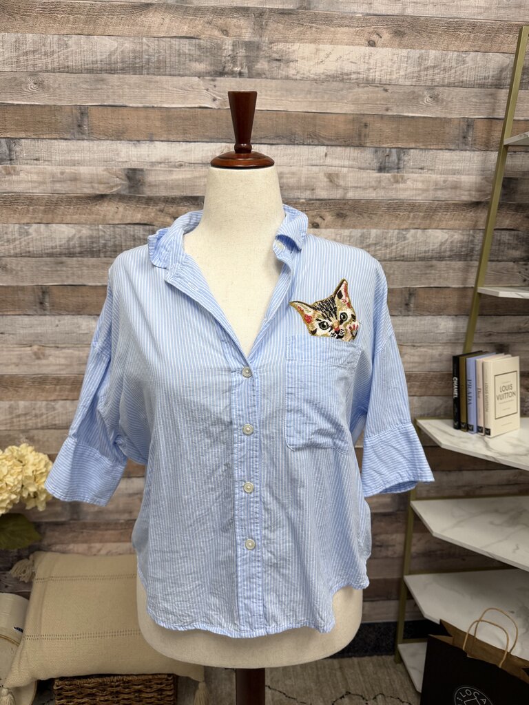 Maeve Blue Striped Button Down Cat On Pocket Maeve by Anthopologie Blue Medium women TOPS