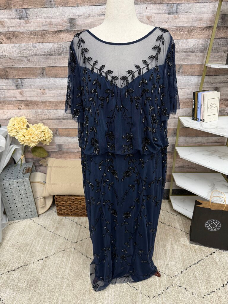 Adrianna Papell Navy Mesh & Beaded Evening Gown Adrianna Papell Navy 22 women SPECIAL OCCASION