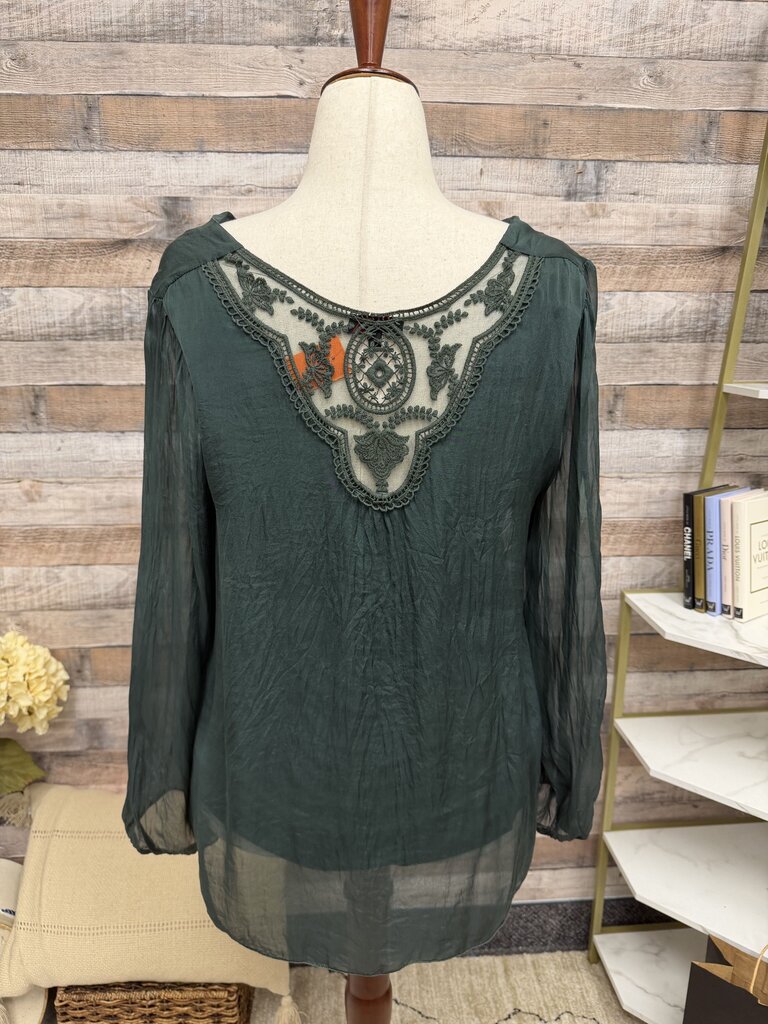 Carla Conti Hunter Green Silk Long Sleeve Shirt W/ Lace Back Carla Conti Hunter Green Hunter Green Large women TOPS