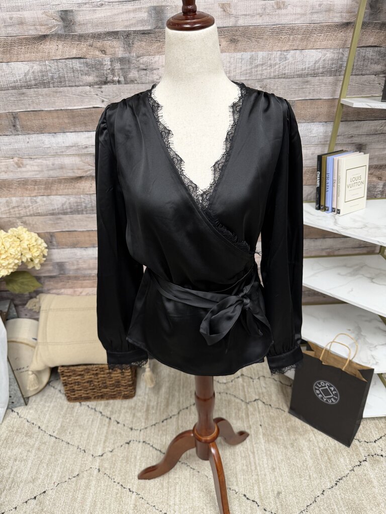 Rachel Zoe Black Satin V-Neck Long Sleeve Wrap Blouse Rachel Zoe Black Medium women BLOUSES