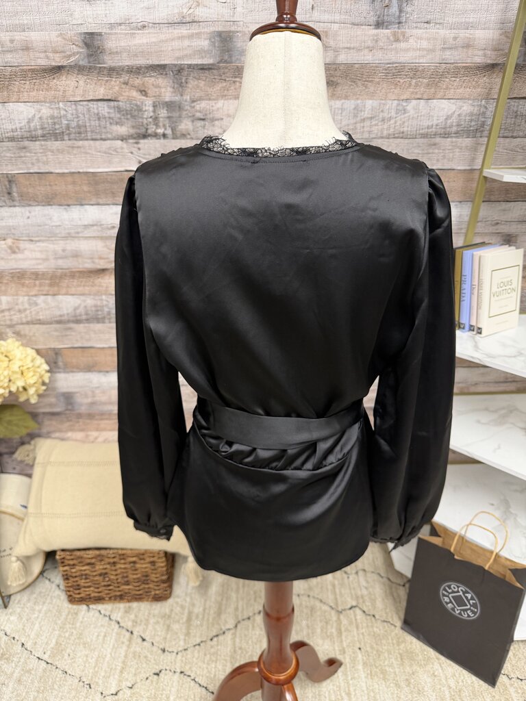 Rachel Zoe Black Satin V-Neck Long Sleeve Wrap Blouse Rachel Zoe Black Medium women BLOUSES