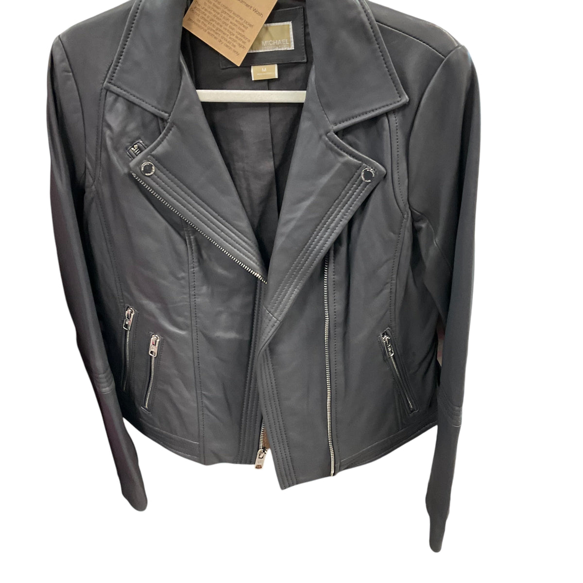 Michael Kors Gray Leather Biker Style Jacket Size Medium