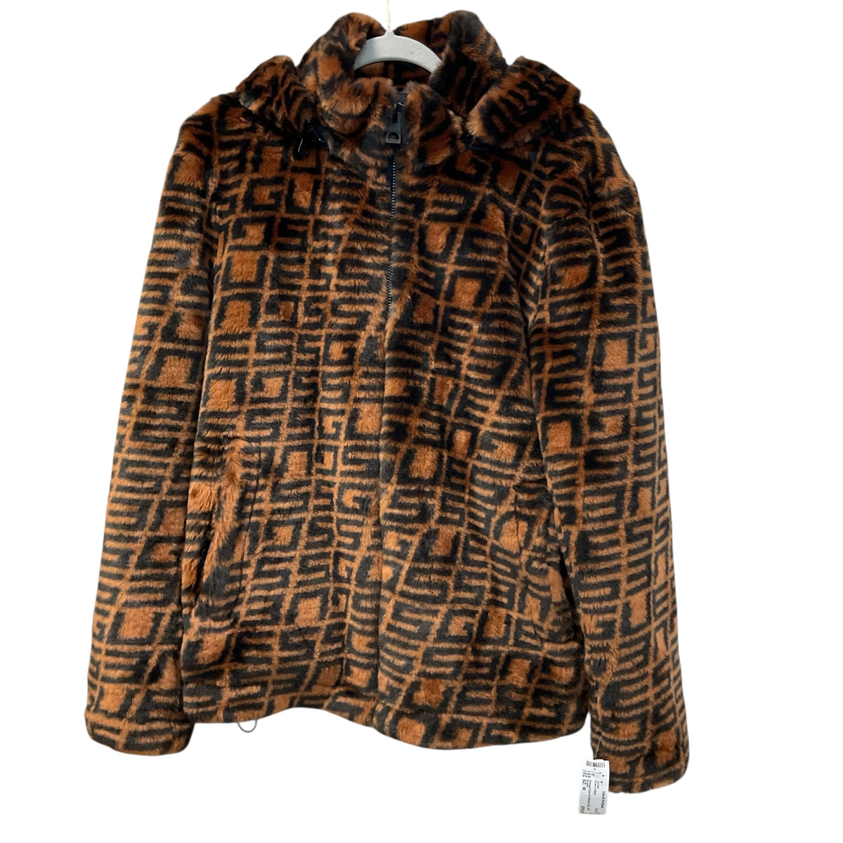 Guess Coat Faux Fur Zip Bomber with Removable Hood,