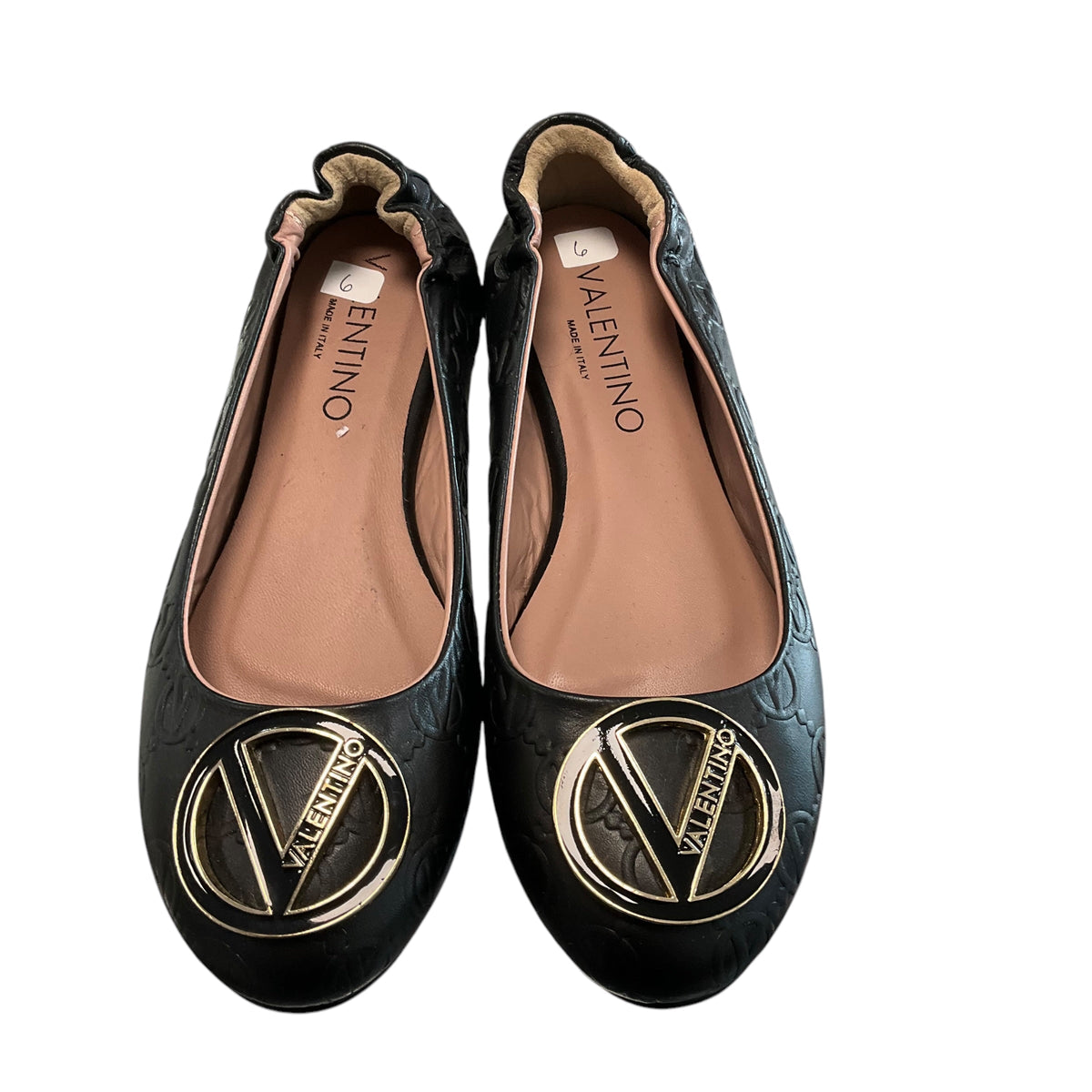 SIZE 6 Valentino Black Ballet Slipper with Black and Gold Logo shoes