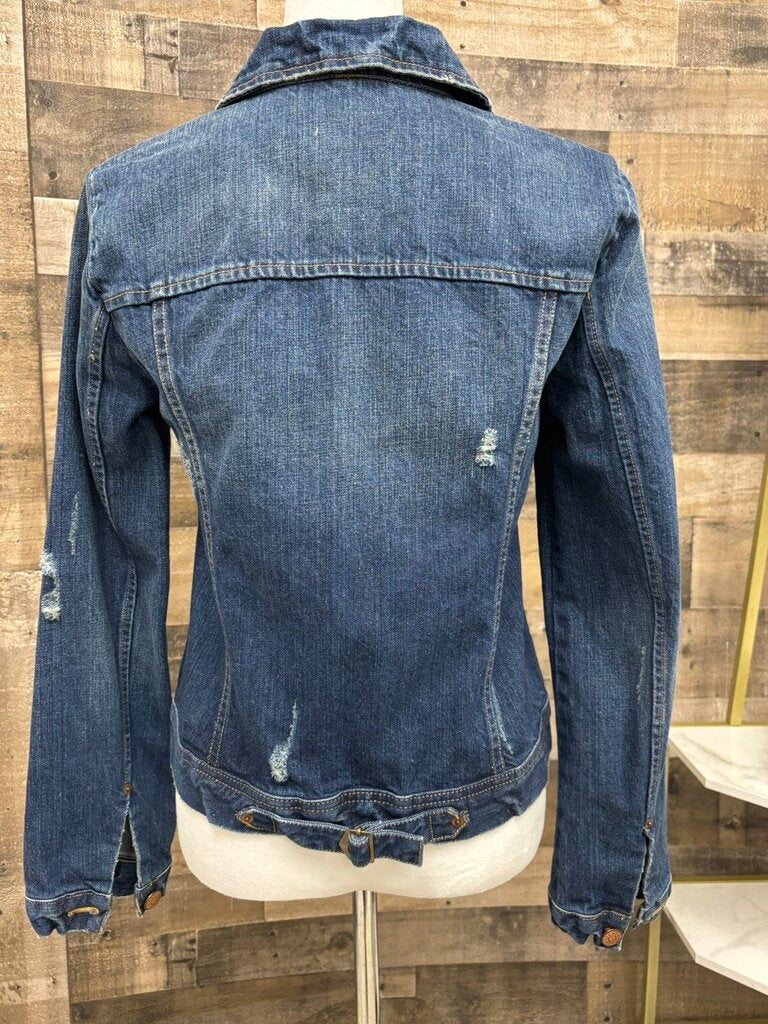 Denim Jacket w/Bronze Button & Distressed Patches Size S