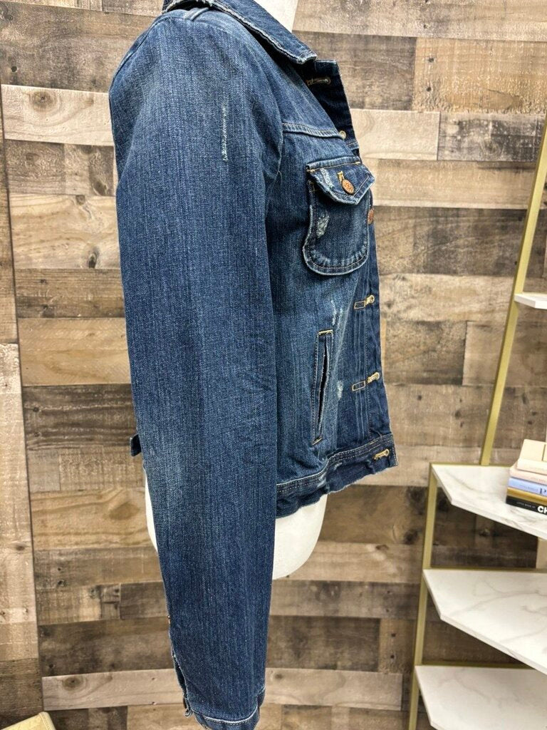 Denim Jacket w/Bronze Button & Distressed Patches Size S