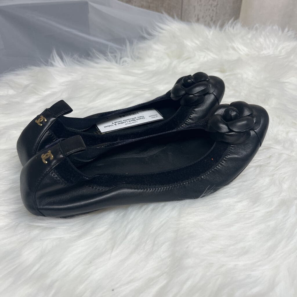 Chanel Black Leather & Velvet Flats w/Rosette Detail Size 8