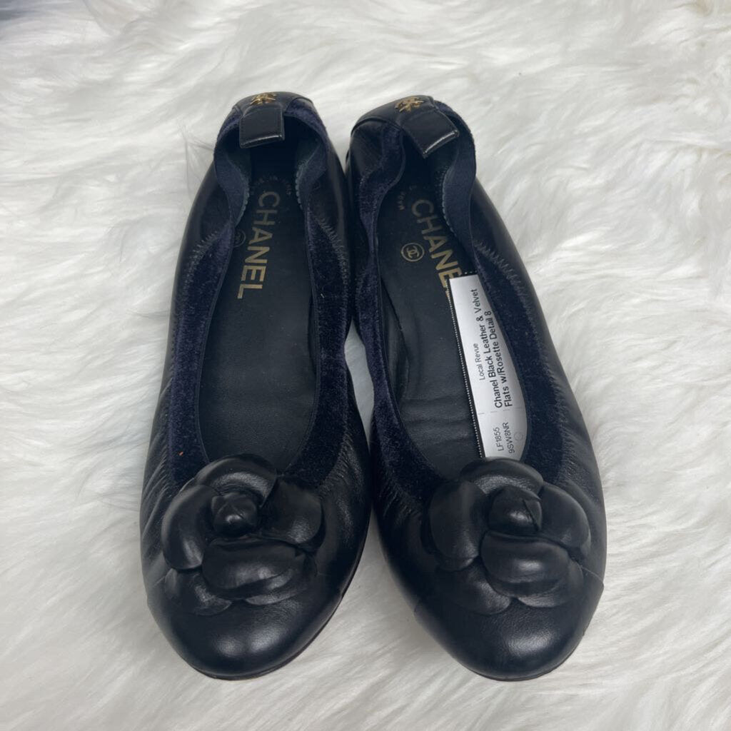 Chanel Black Leather & Velvet Flats w/Rosette Detail Size 8