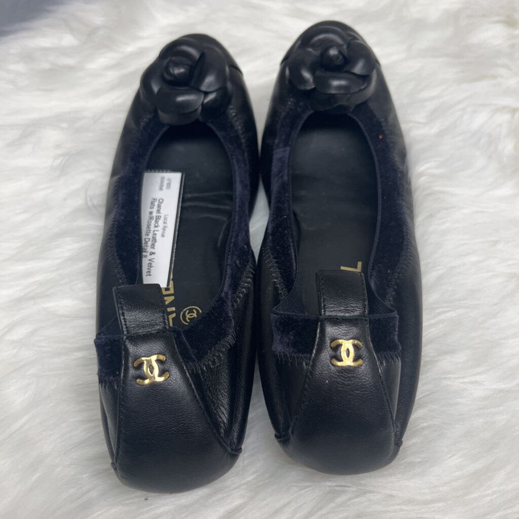 Chanel Black Leather & Velvet Flats w/Rosette Detail Size 8