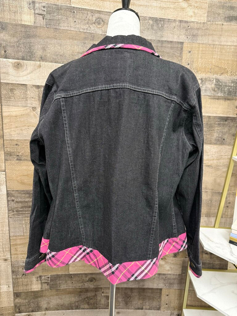 Birch Hill Black Denim Jacket w/Pink Plaid Size L