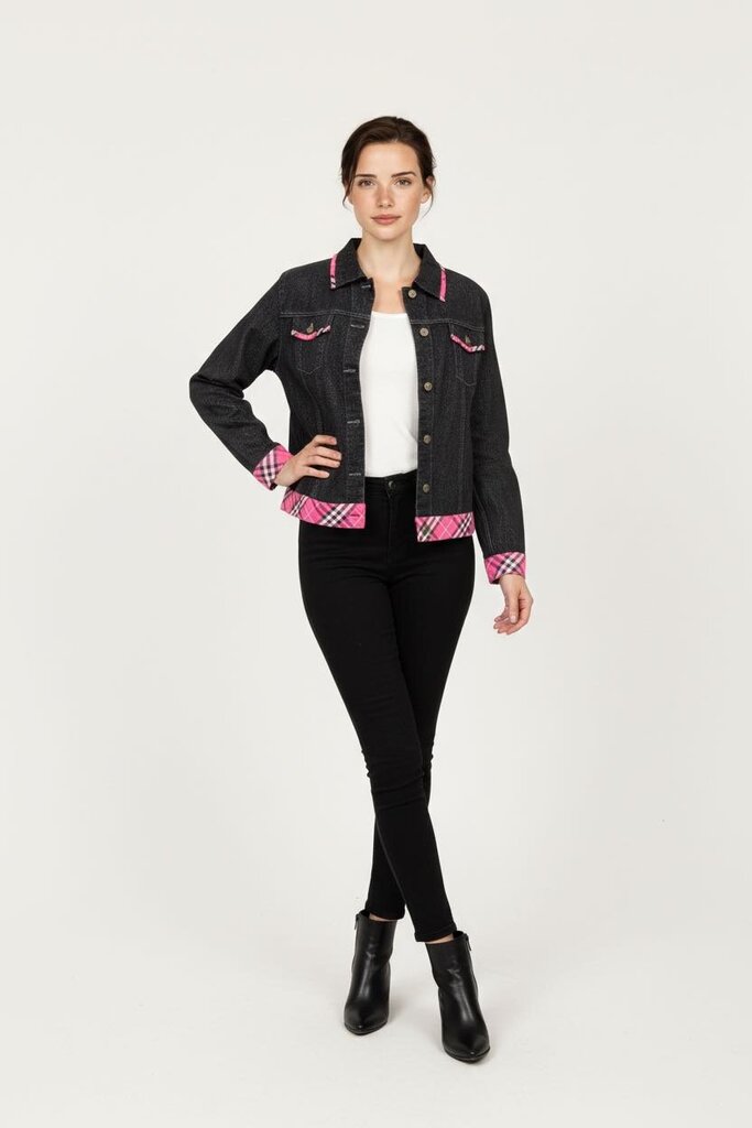 Birch Hill Black Denim Jacket w/Pink Plaid Size L