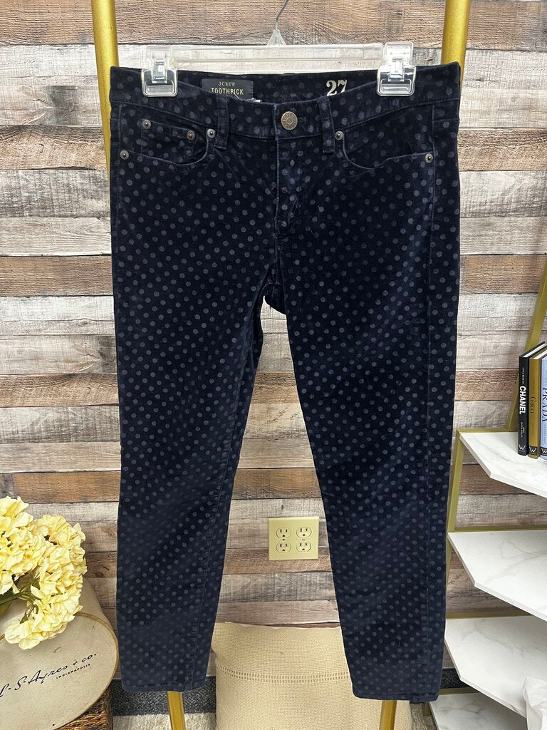 J Crew Toothpick Blue Velvet Polka Dot Ankle Pants Size 27