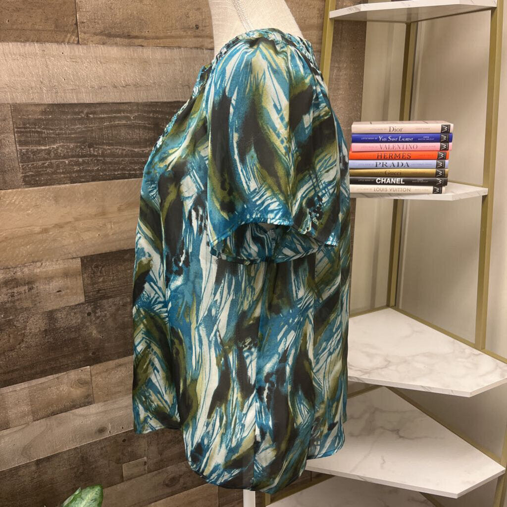 NWT Violet & Claire Black, Aqua Green Multi Short Sleeve Blouse Size L